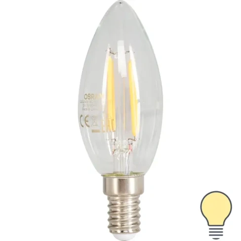 210985646 Лампа светодиодная филаментная Osram E14 220 В 5 Вт свеча прозрачная 520 лм тёплый белый свет