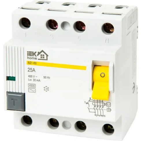 УЗО Iek Home ВД1-63 3P N 25 A 30 мА 4.5 кА AC MDV10-4-025-030 IEK HOME