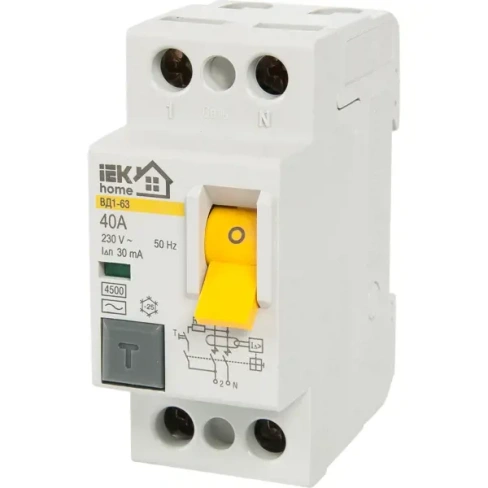 УЗО IEK Home ВД1-63 1P N 40 А 30 мА 4.5 кА AC MDV10-2-040-030 IEK HOME