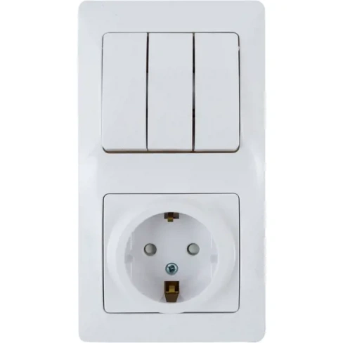 Блок выключатель с розеткой встраиваемый Schneider Electric Glossa 3 клавиши с заземлением со шторками цвет белый SCHNEI