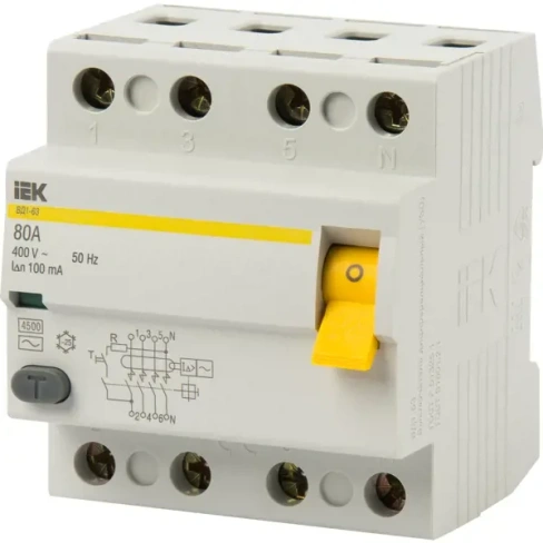 УЗО IEK ВД1-63 3P N 80 A 100 мА 4.5 кА AC MDV10-4-080-100