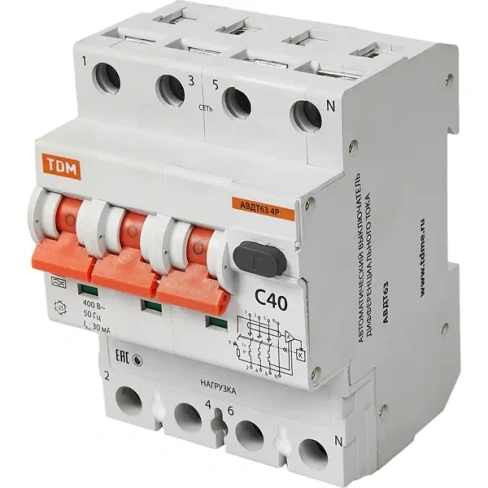 Дифференциальный автомат Tdm Electric АВДТ-63 3P N C40 A 30 мА 6 кА A SQ0202-0020 TDM ELECTRIC