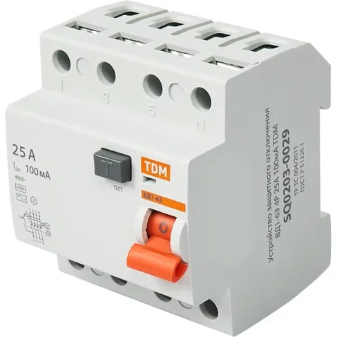 УЗО Tdm Electric ВД1-63 4P 25 A 100 мА 4.5 кА AC SQ0203-0029 TDM ELECTRIC