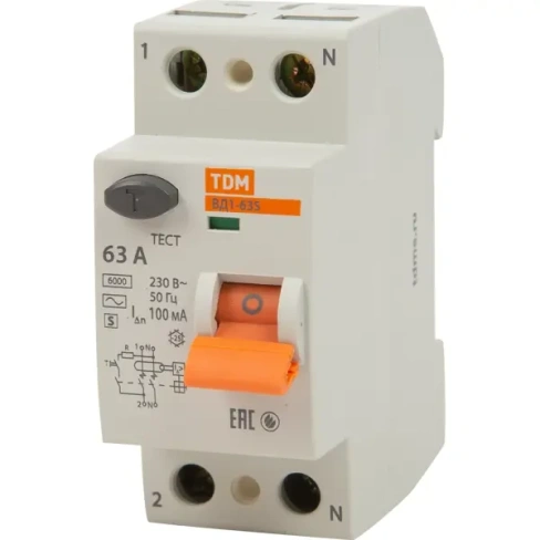 УЗО Tdm Electric ВД1-63S 2P 63 A 100 мА 4.5 кА AC SQ0203-0060 TDM ELECTRIC