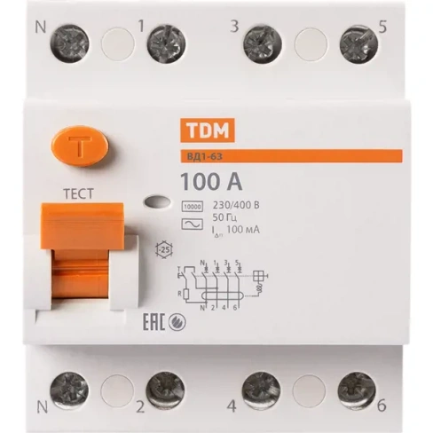 УЗО Tdm Electric ВД1-63 4P 100 A 100 мА 4.5 кА AC SQ0203-0048 TDM ELECTRIC