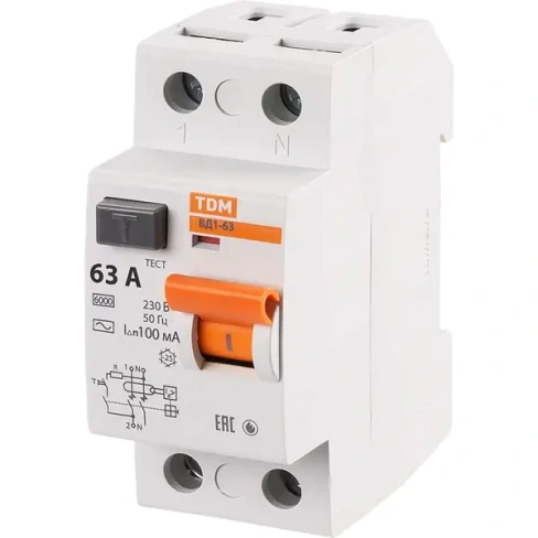 УЗО Tdm Electric ВД1-63 2P 63 A 100 мА 4.5 кА AC SQ0203-0017 TDM ELECTRIC