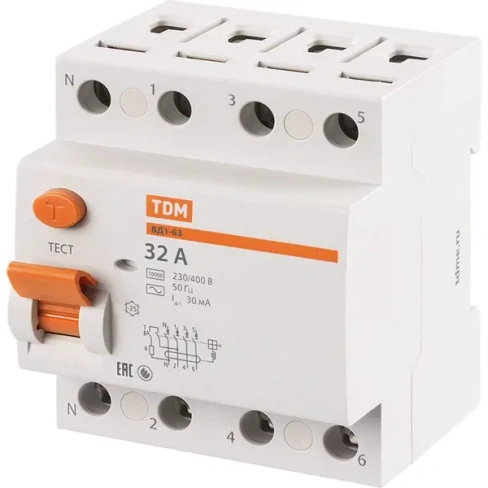 УЗО Tdm Electric ВД1-63 4P 32 A 30 мА 4.5 кА AC SQ0203-0035 TDM ELECTRIC