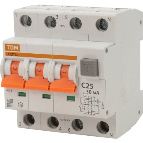 Дифференциальный автомат Tdm Electric АВДТ-63 3P N C25 A 30 мА 6 кА A SQ0202-0018 TDM ELECTRIC