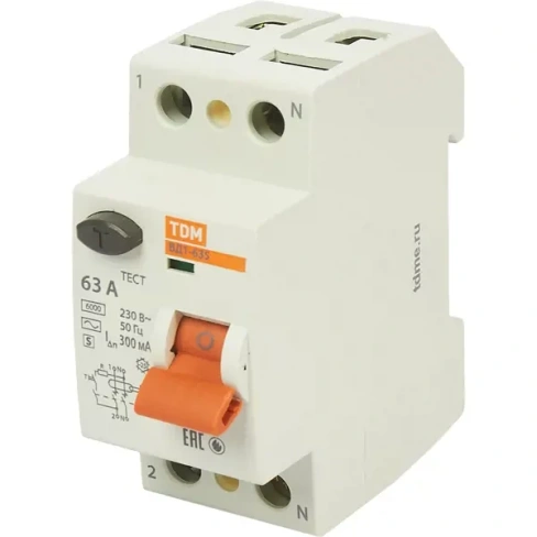 УЗО Tdm Electric ВД1-63S 2P 63 A 300 мА 4.5 кА AC SQ0203-0061 TDM ELECTRIC