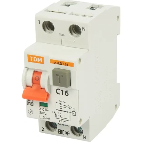 Дифференциальный автомат TDM Electric АВДТ63 1Р N C16 A 30 мА 6 кА А SQ0202-0002 TDM ELECTRIC АВДТ-63