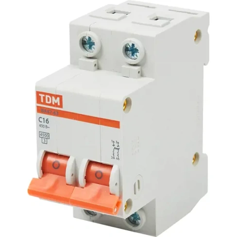 Автоматический выключатель TDM Electric ВА47-63 2P C16 А 4.5 кА SQ0218-0011 TDM ELECTRIC
