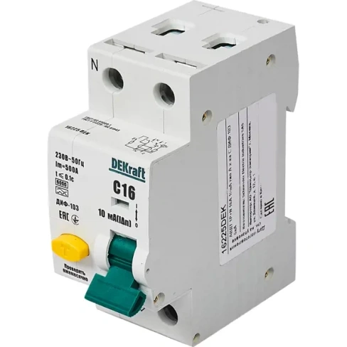 Дифференциальный автомат DEKraft 1P N C16 А 10 мА 6 кА A 16225DEK DEKRAFT