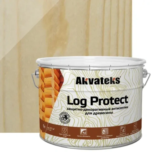 Антисептик защитно-декоративный для древесины и бревен Akvateks LOG Protect полуматовый прозрачный 9 л АКВАТЕКС