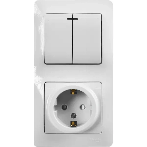 Блок выключатель с розеткой встраиваемый Schneider Electric Glossa 2 клавиши с заземлением со шторками цвет белый SCHNEI