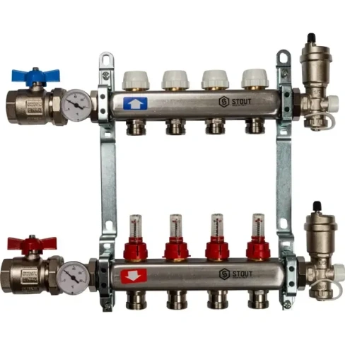 Коллекторная группа с расходомером Stout на 4 выхода 3/4"x3/4" STOUT SMS 0907