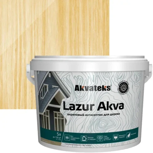 Лак-антисептик Akvateks Lazur Akva акриловый полуглянцевый прозрачный 5 л АКВАТЕКС