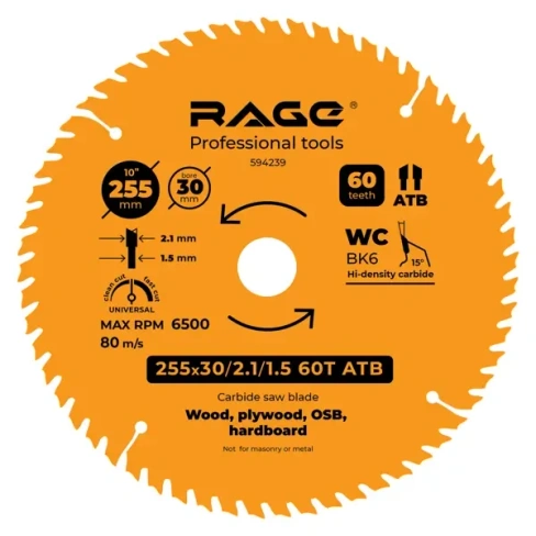 Диск пильный по дереву Rage 60Т 255x30x2.1 мм