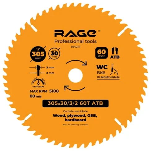 Диск пильный по дереву Rage 60Т 305x30x3 мм RAGE 305/60