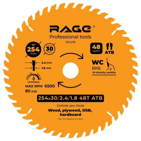 Диск пильный по дереву Rage 48Т 254x30x2.4 мм